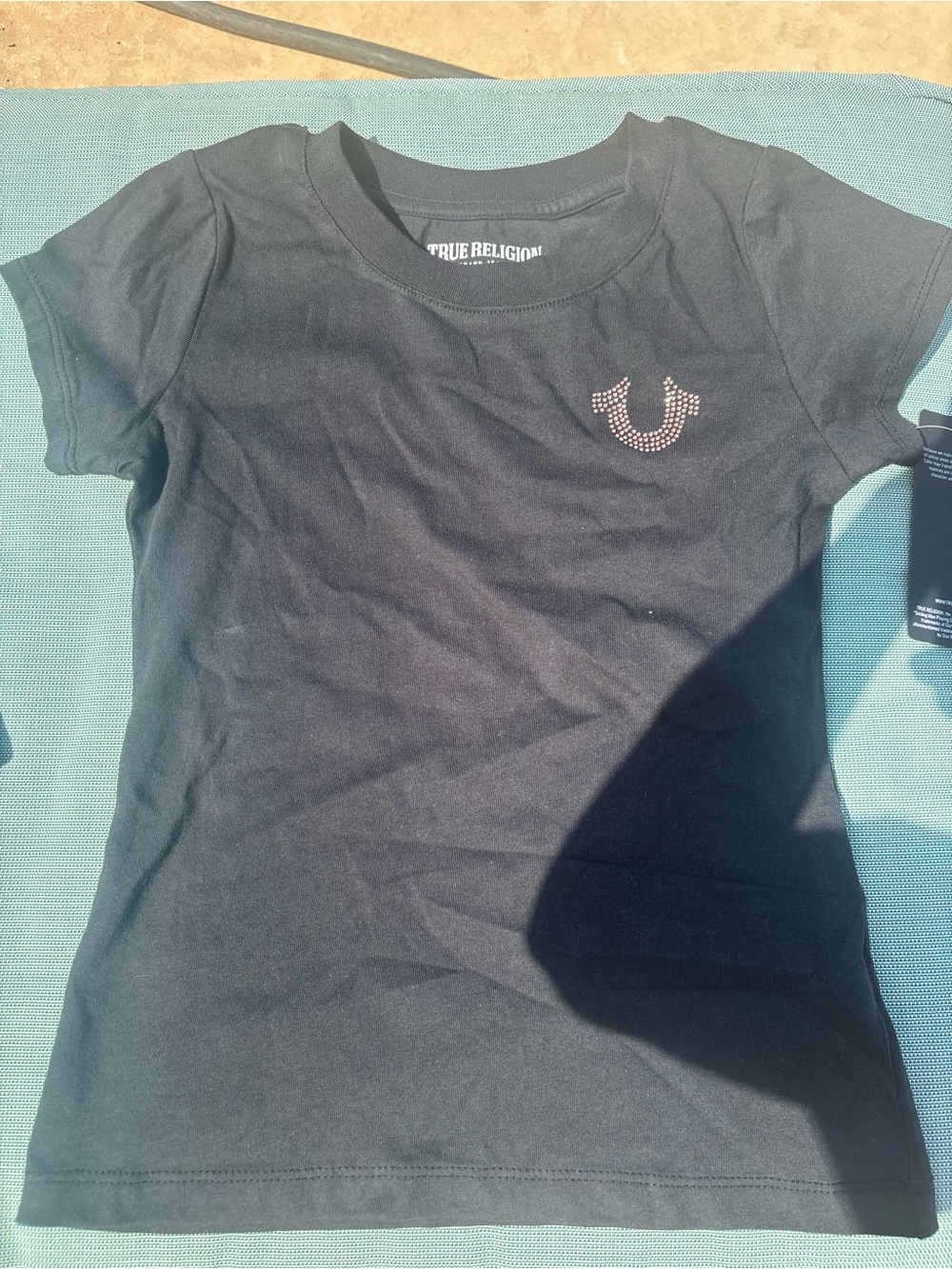 True Religion Black Girls' Short Sleeve Tee with Rhinestone Horseshoe
